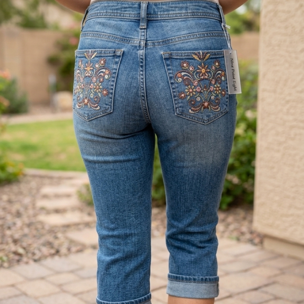 VINTAGE# NINE POINT EIGHT# Capri Shorts# with Embellished Pockets#